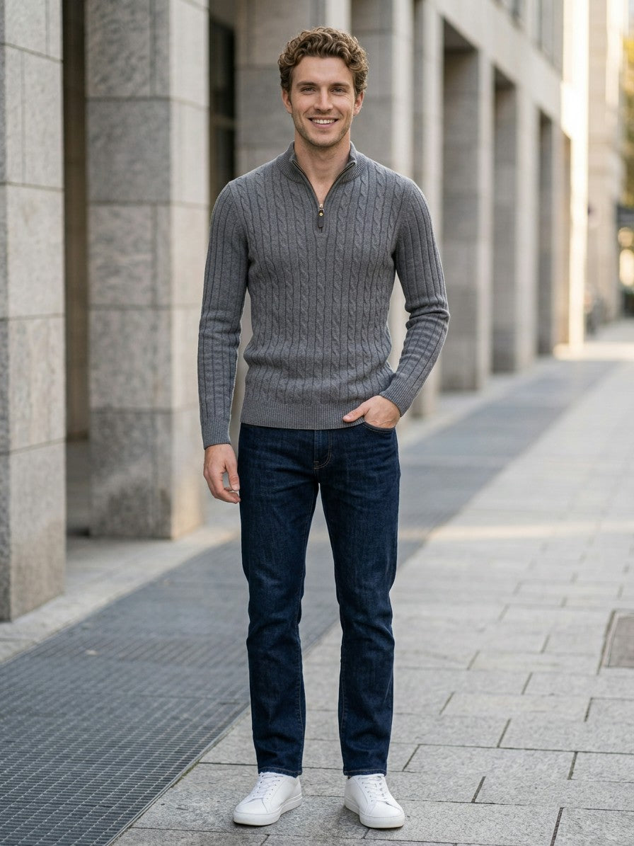 Belluno Men's Cable-Knit Half-Zip Sweater — gray — lifestyle