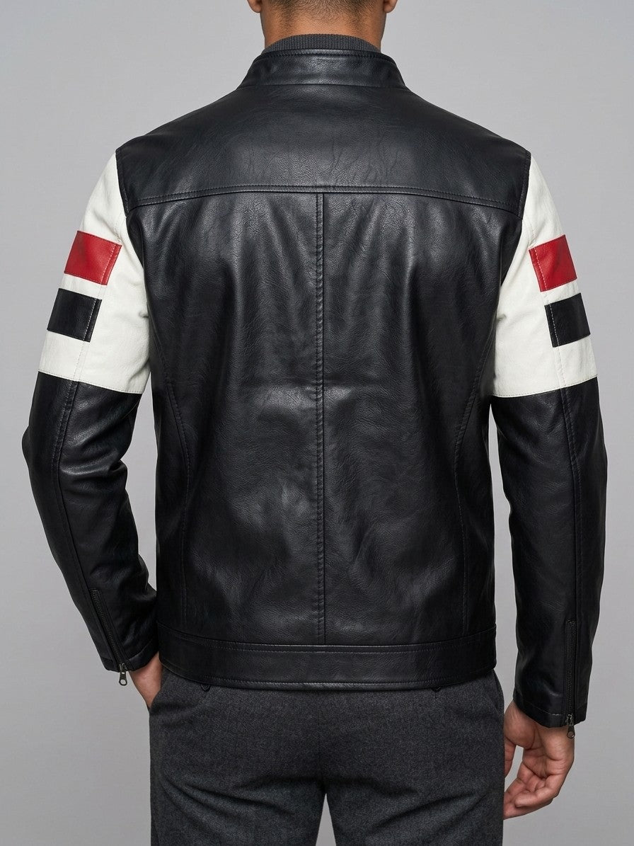Benevento Men's Striped Faux Leather Café Racer — black — back