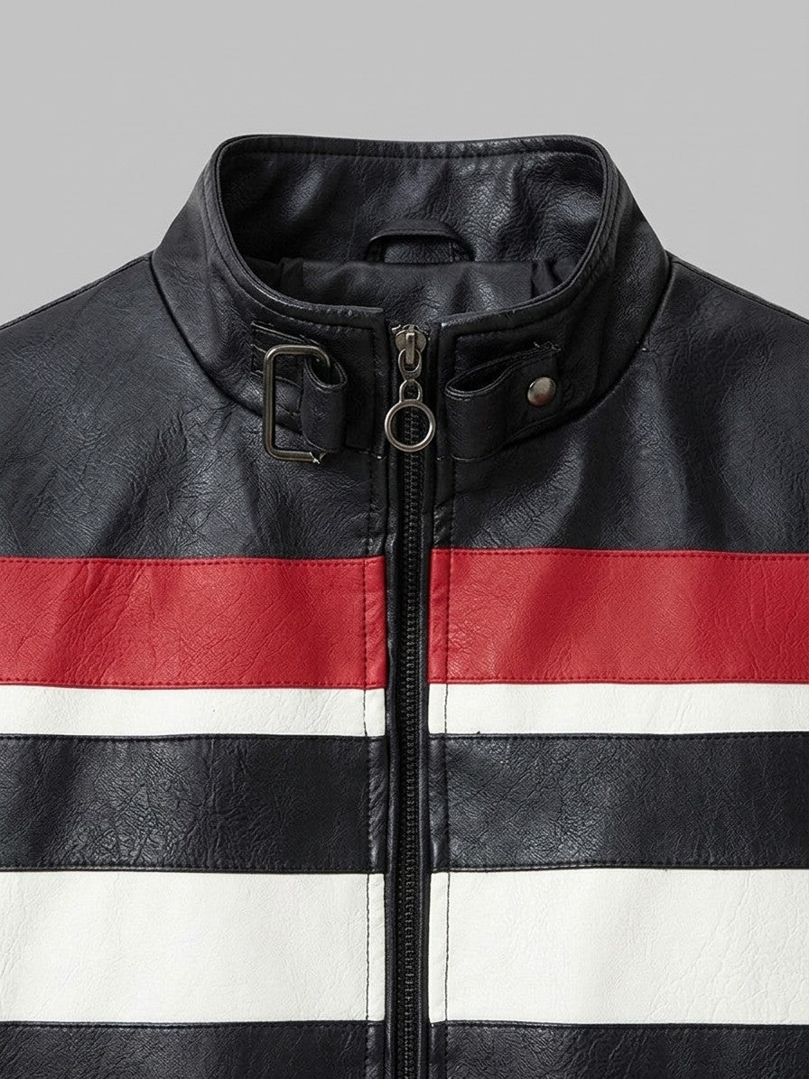 Benevento Men's Striped Faux Leather Café Racer — black — detail-2