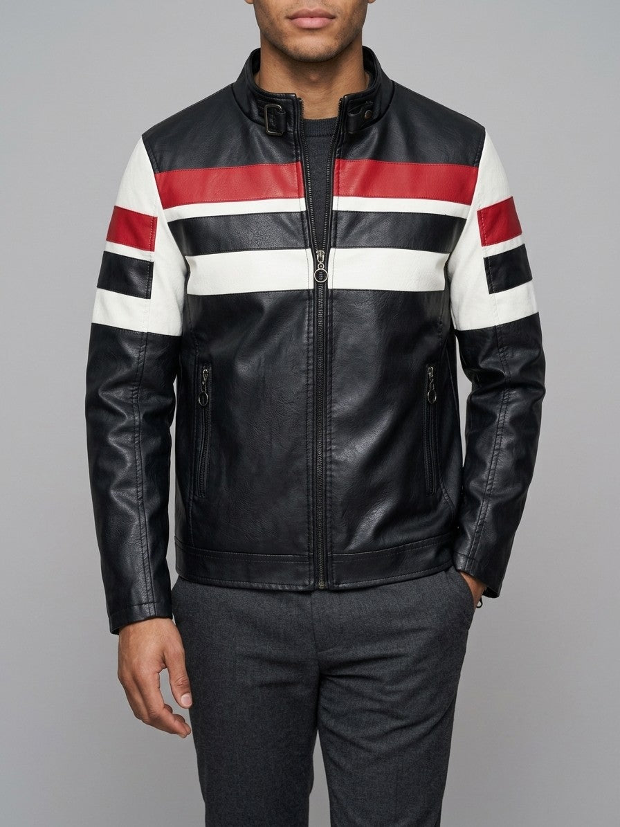 Benevento Men's Striped Faux Leather Café Racer — black — front