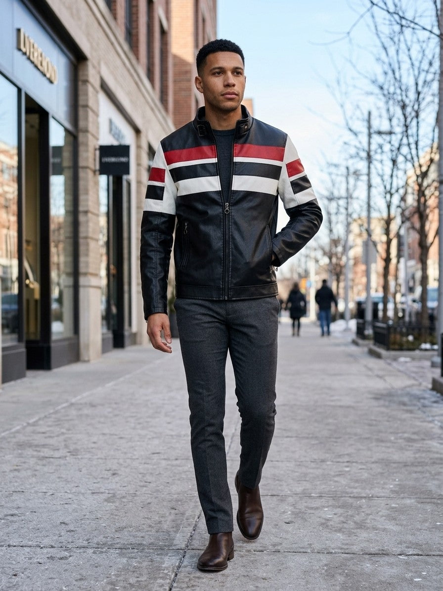 Benevento Men's Striped Faux Leather Café Racer — black — lifestyle