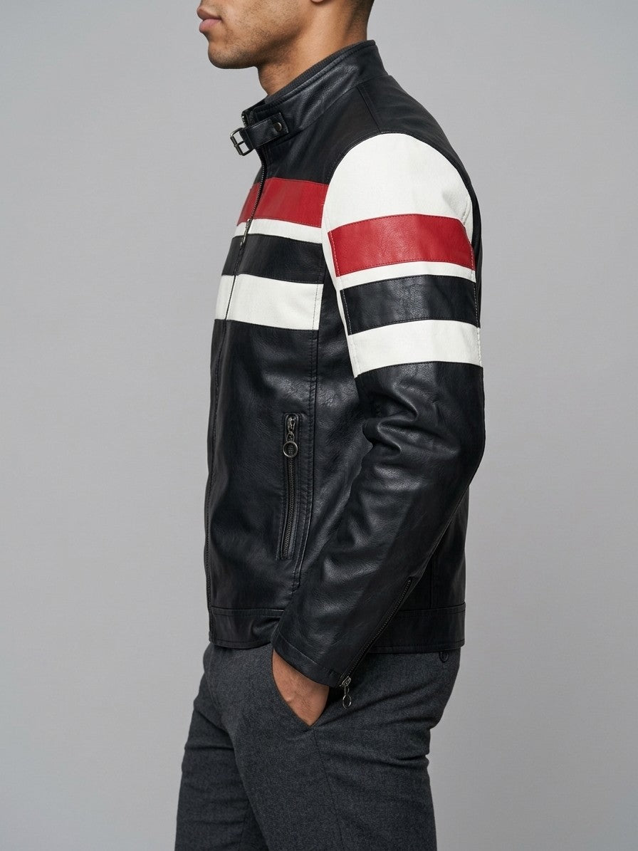 Benevento Men's Striped Faux Leather Café Racer — black — side