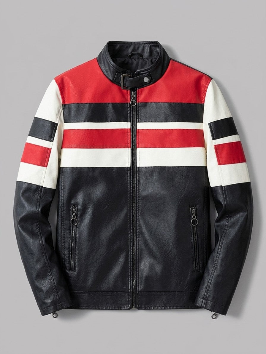 Benevento Men's Striped Faux Leather Café Racer — blackred — packshot