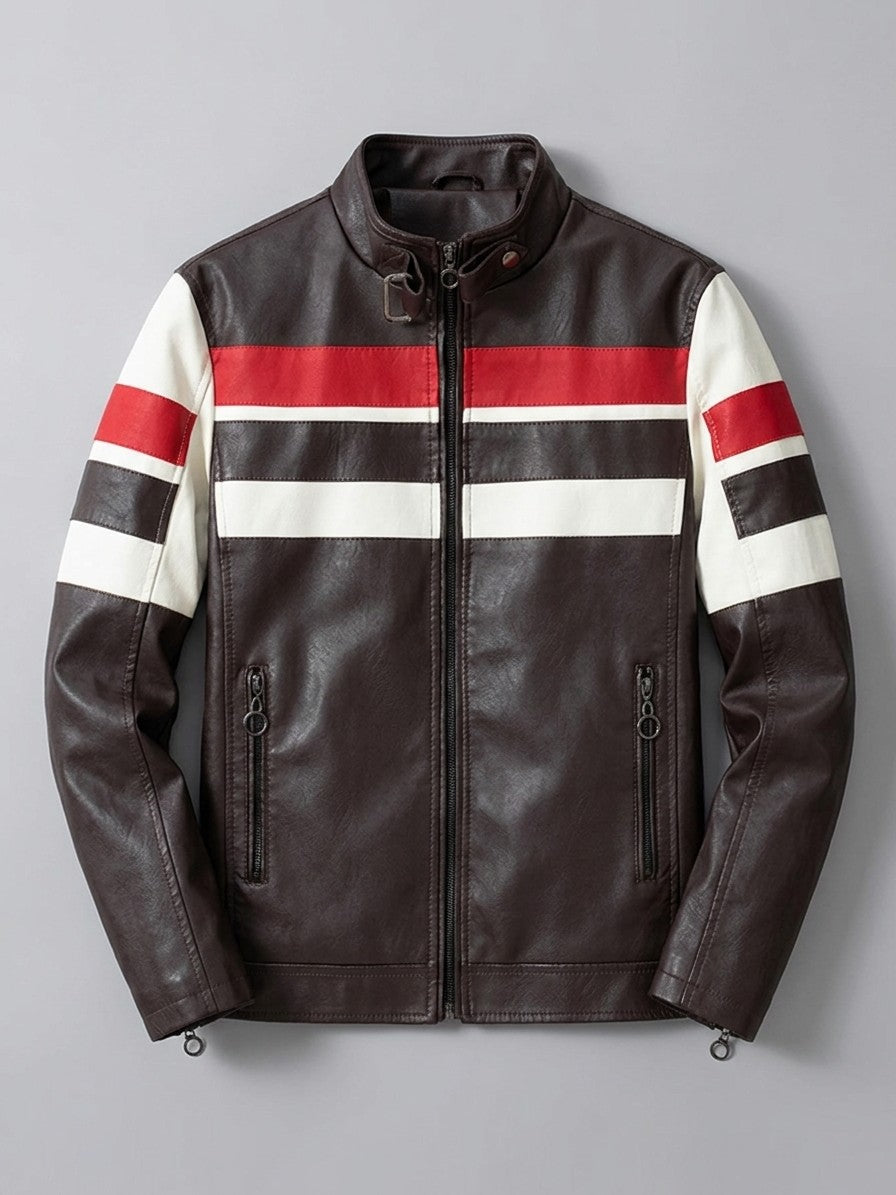Benevento Men's Striped Faux Leather Café Racer — coffeebrown — packshot