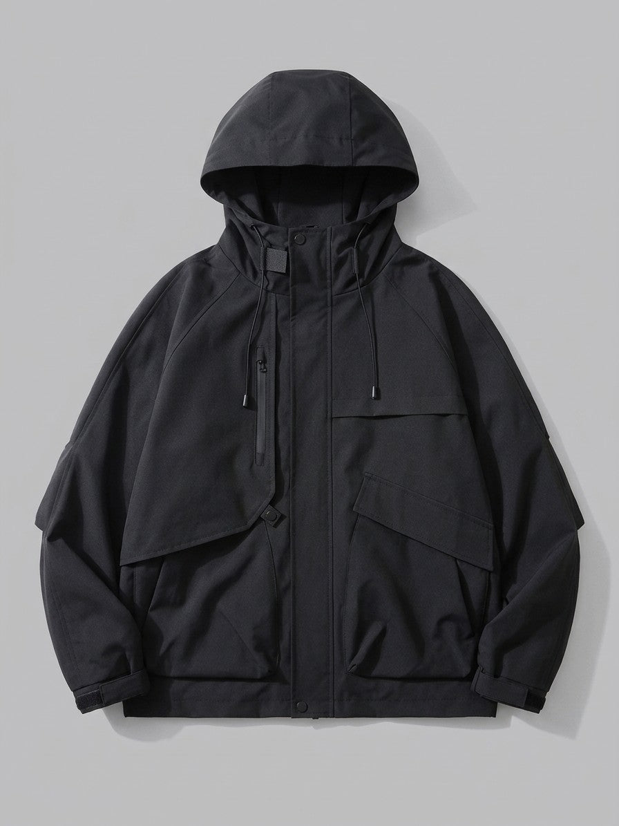 Besozzo Men's Cargo-Pocket Hooded Windbreaker Jacket — black — packshot