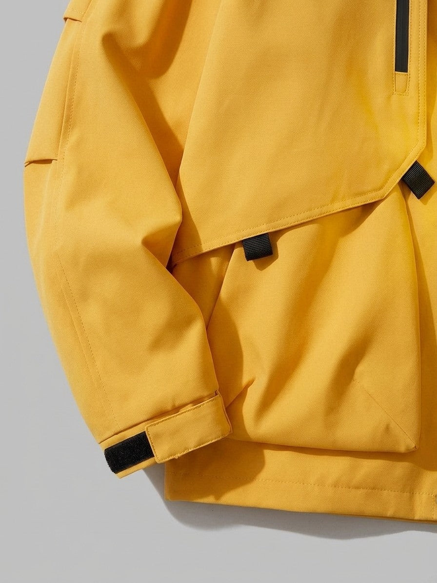 Besozzo Men's Cargo-Pocket Hooded Windbreaker Jacket — yellow — detail-collar