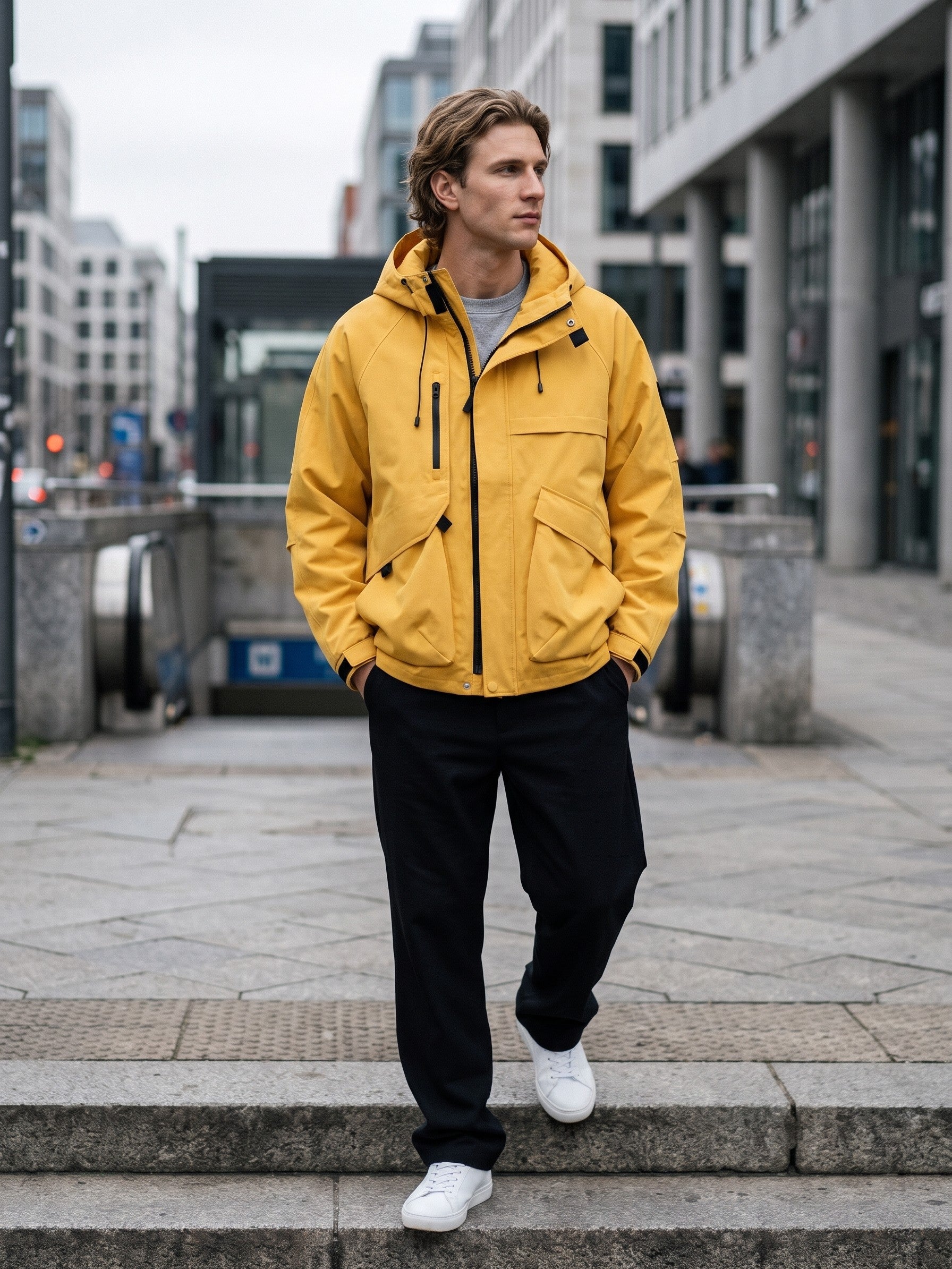 Besozzo Men's Cargo-Pocket Hooded Windbreaker Jacket — yellow — lifestyle