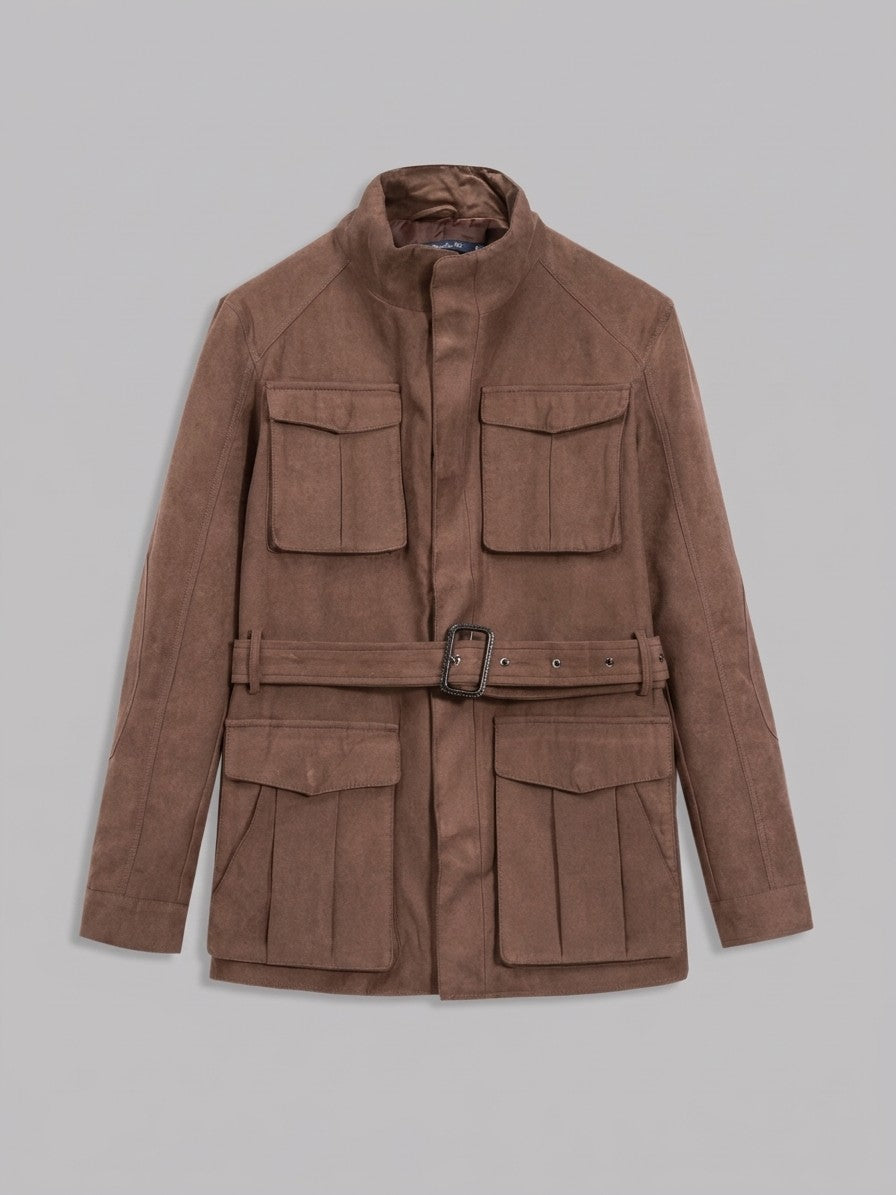 Bevilacqua Men's Belted Suede Hunting Jacket — brown — packshot