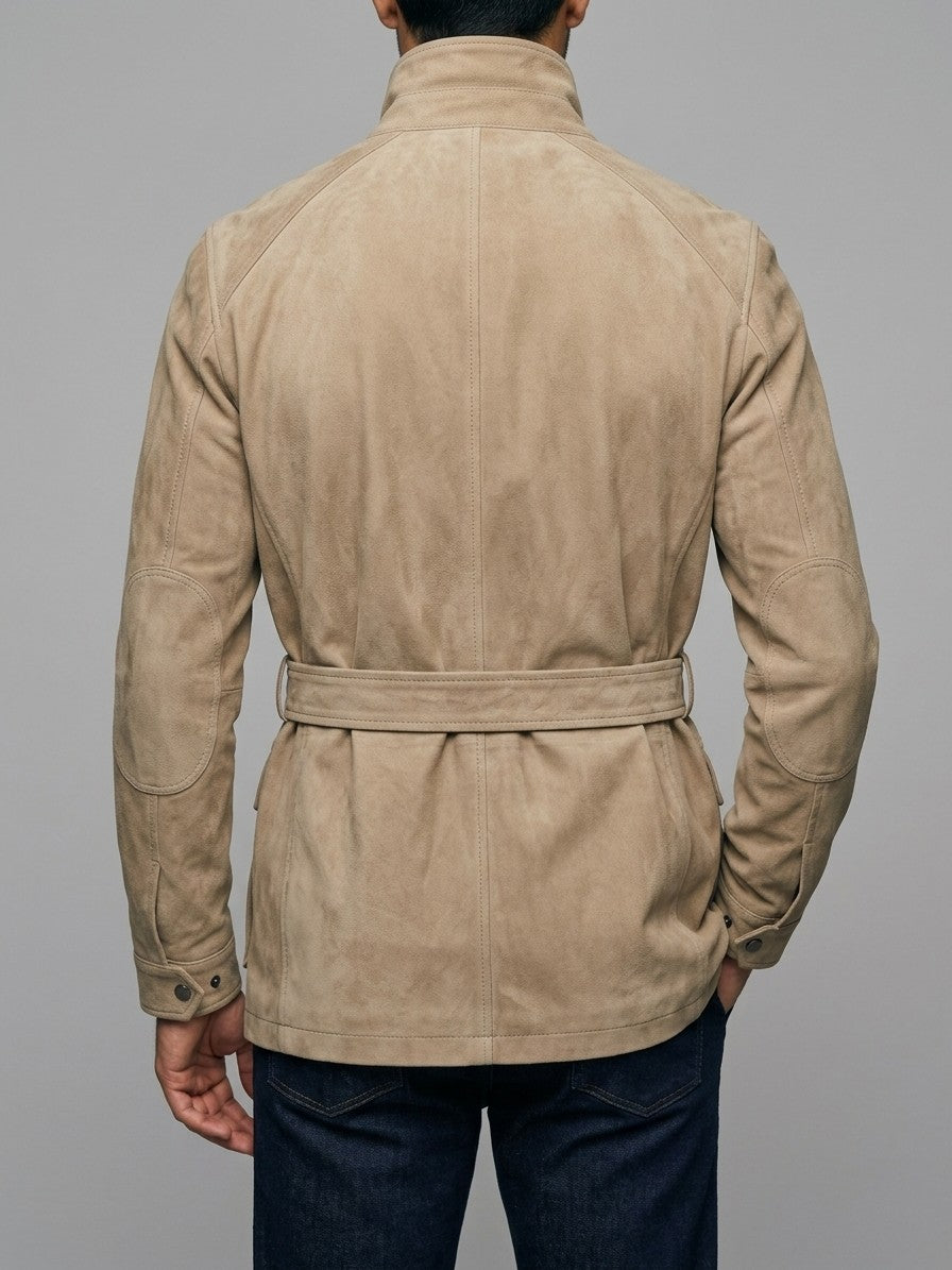 Bevilacqua Men's Belted Suede Hunting Jacket — sand — back