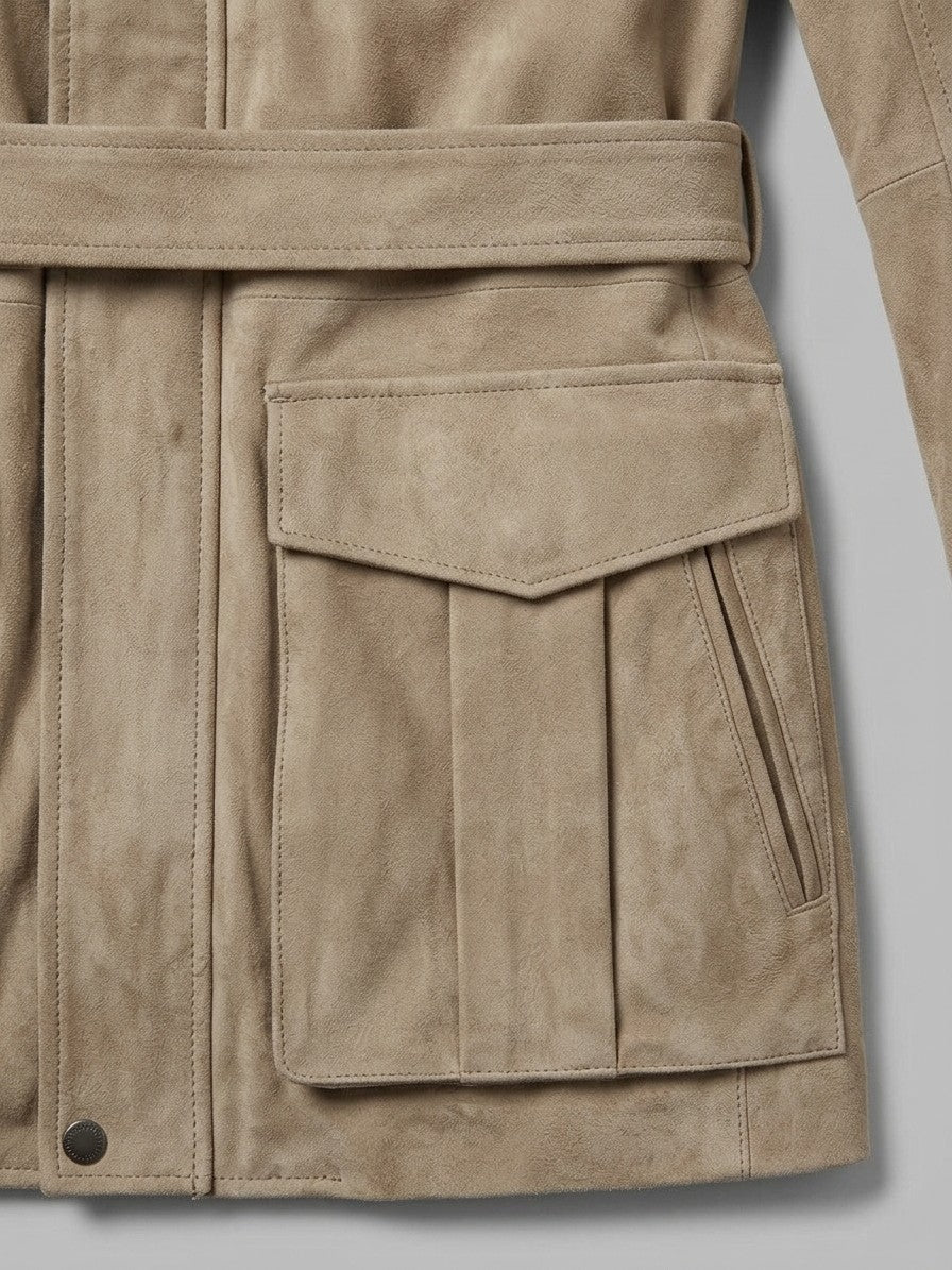Bevilacqua Men's Belted Suede Hunting Jacket — sand — detail-2