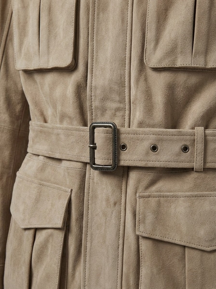 Bevilacqua Men's Belted Suede Hunting Jacket — sand — detail-collar