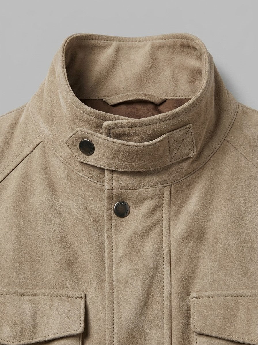 Bevilacqua Men's Belted Suede Hunting Jacket — sand — detail