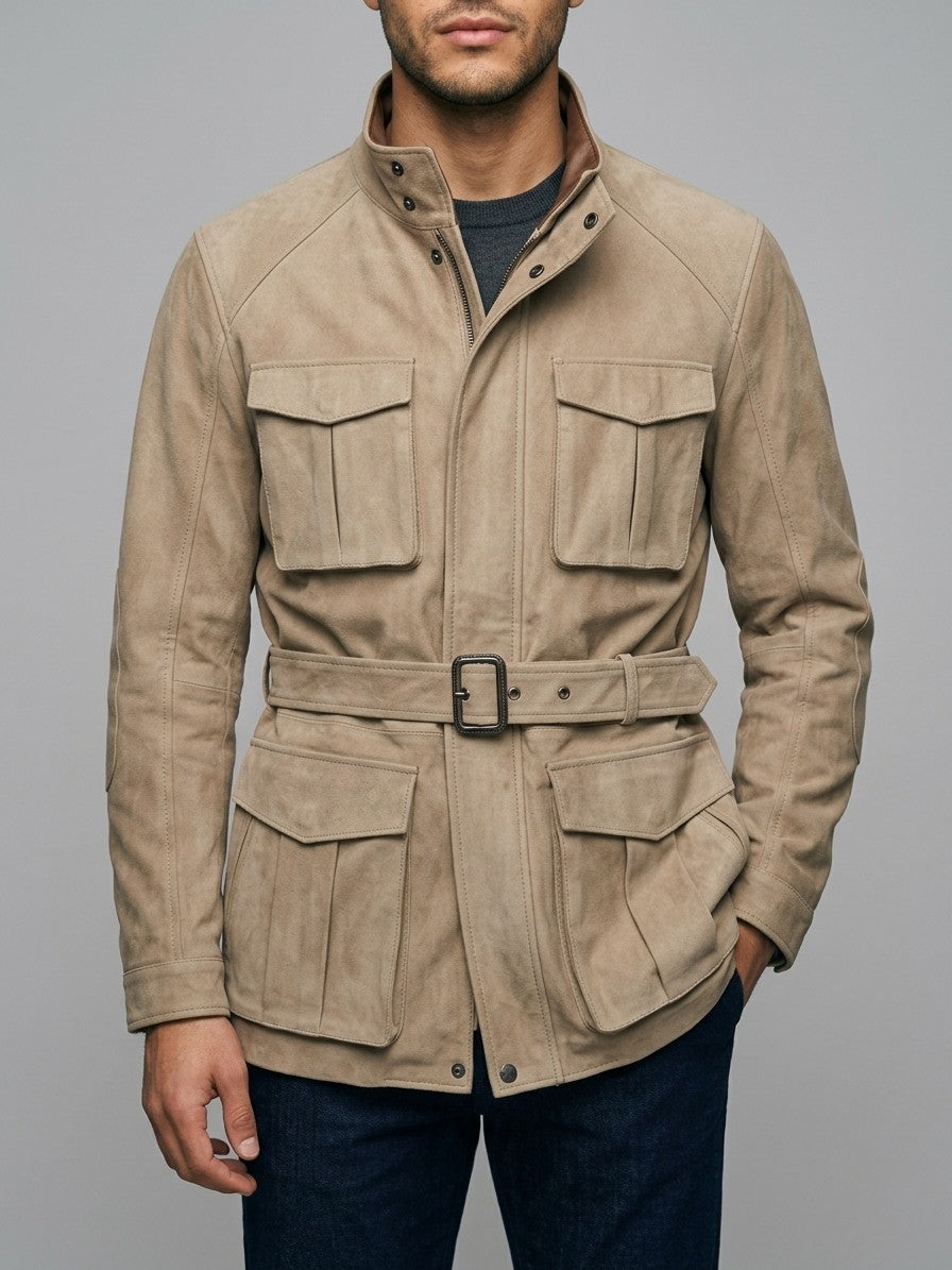 Bevilacqua Men's Belted Suede Hunting Jacket — sand — front