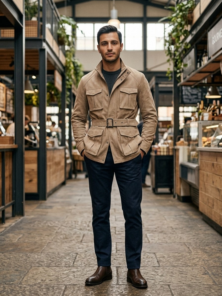 Bevilacqua Men's Belted Suede Hunting Jacket — sand — lifestyle