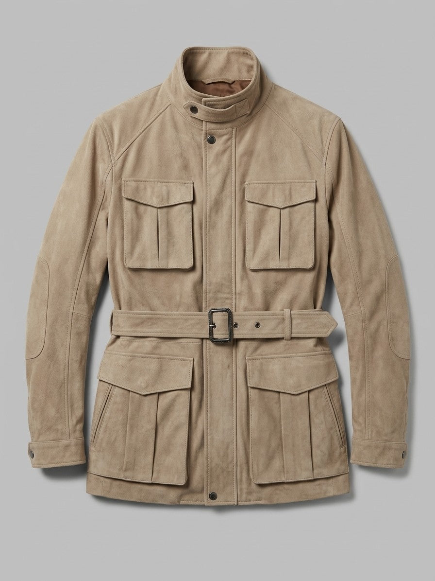 Bevilacqua Men's Belted Suede Hunting Jacket — sand — packshot