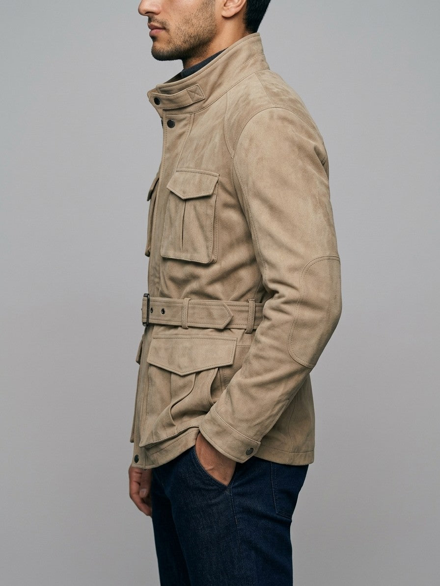 Bevilacqua Men's Belted Suede Hunting Jacket — sand — side