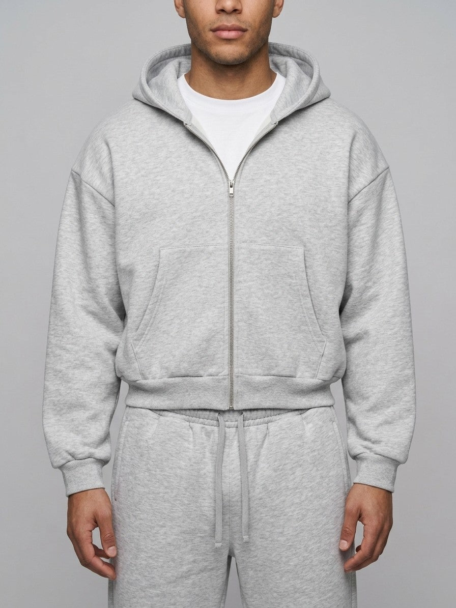Bibbona Men's Cropped Zip-Hoodie Tracksuit — heathergrey — closefront