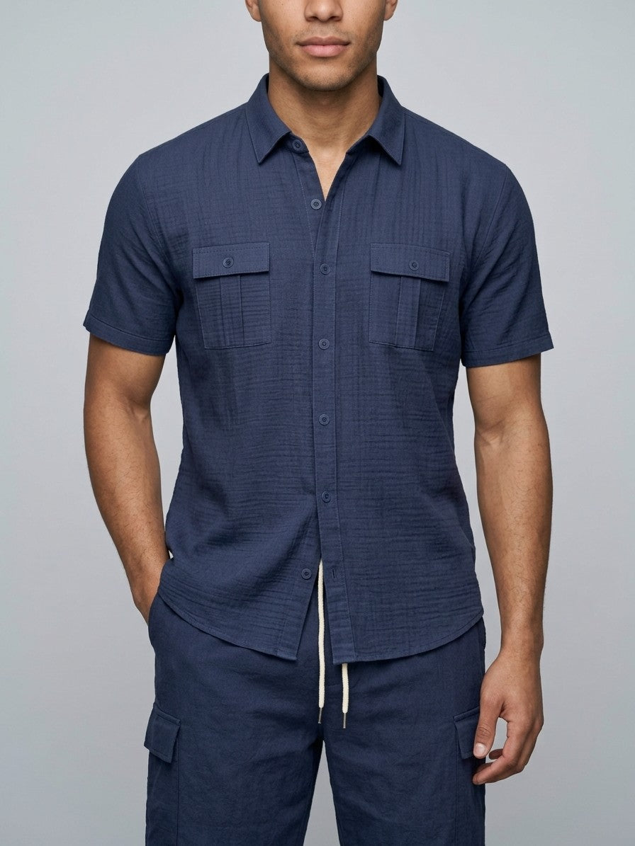 Bibione Men's Shirt and Shorts Set — navyblue — closefront