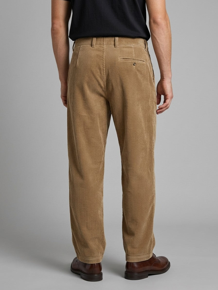 Bientina Men's Pleated Wide-Leg Corduroy Pants — tan — back