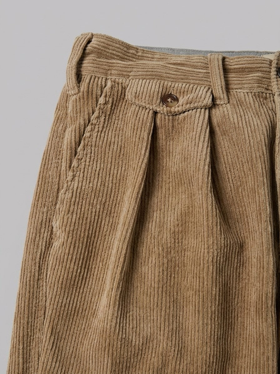 Bientina Men's Pleated Wide-Leg Corduroy Pants — tan — detail-2