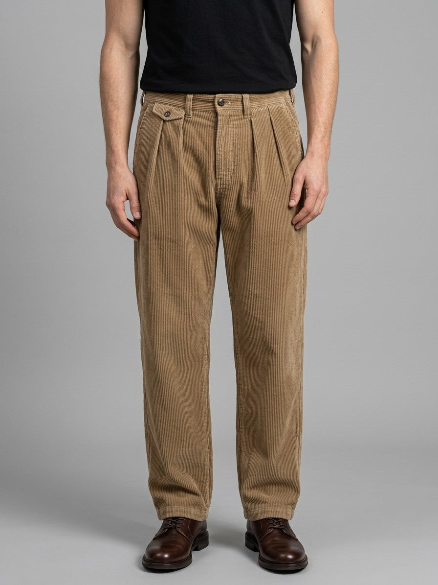 Bientina Men's Pleated Wide-Leg Corduroy Pants — tan — front