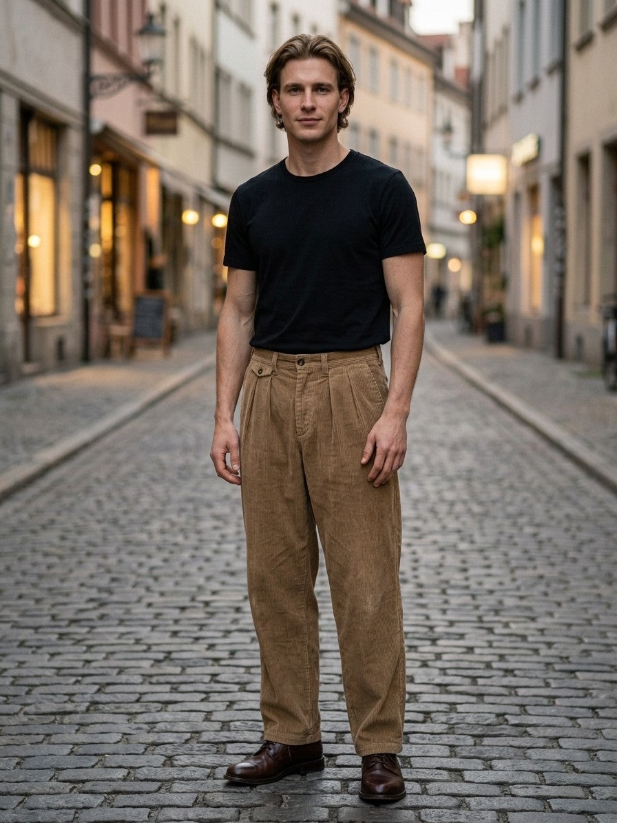 Bientina Men's Pleated Wide-Leg Corduroy Pants — tan — lifestyle
