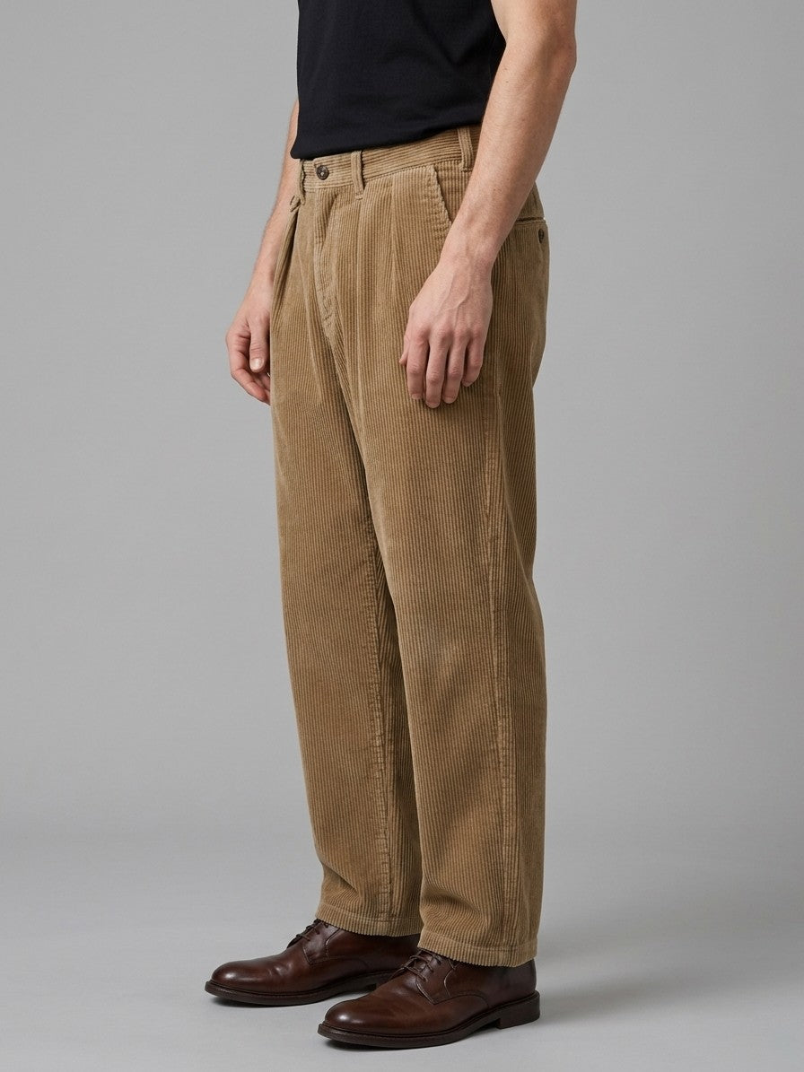 Bientina Men's Pleated Wide-Leg Corduroy Pants — tan — side