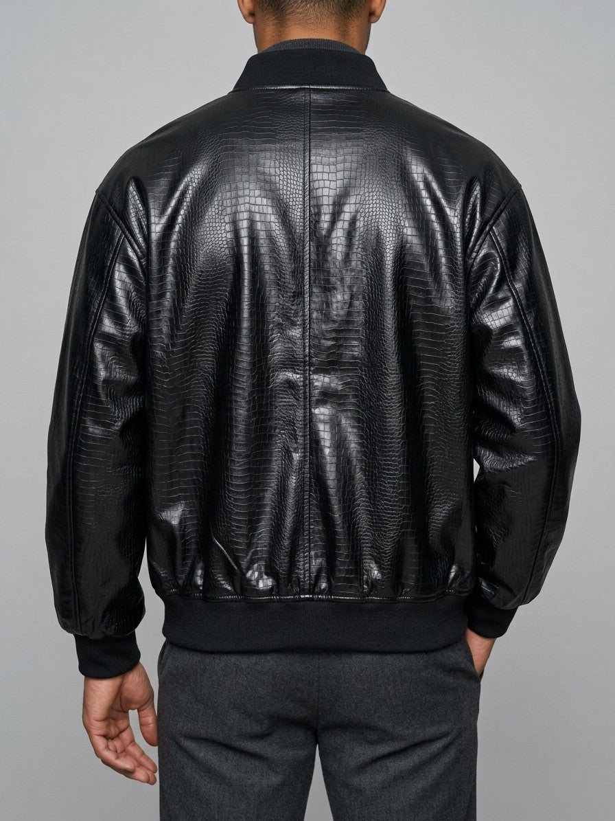 Bitonto Men's Croc-Embossed Faux Leather Bomber — black — back