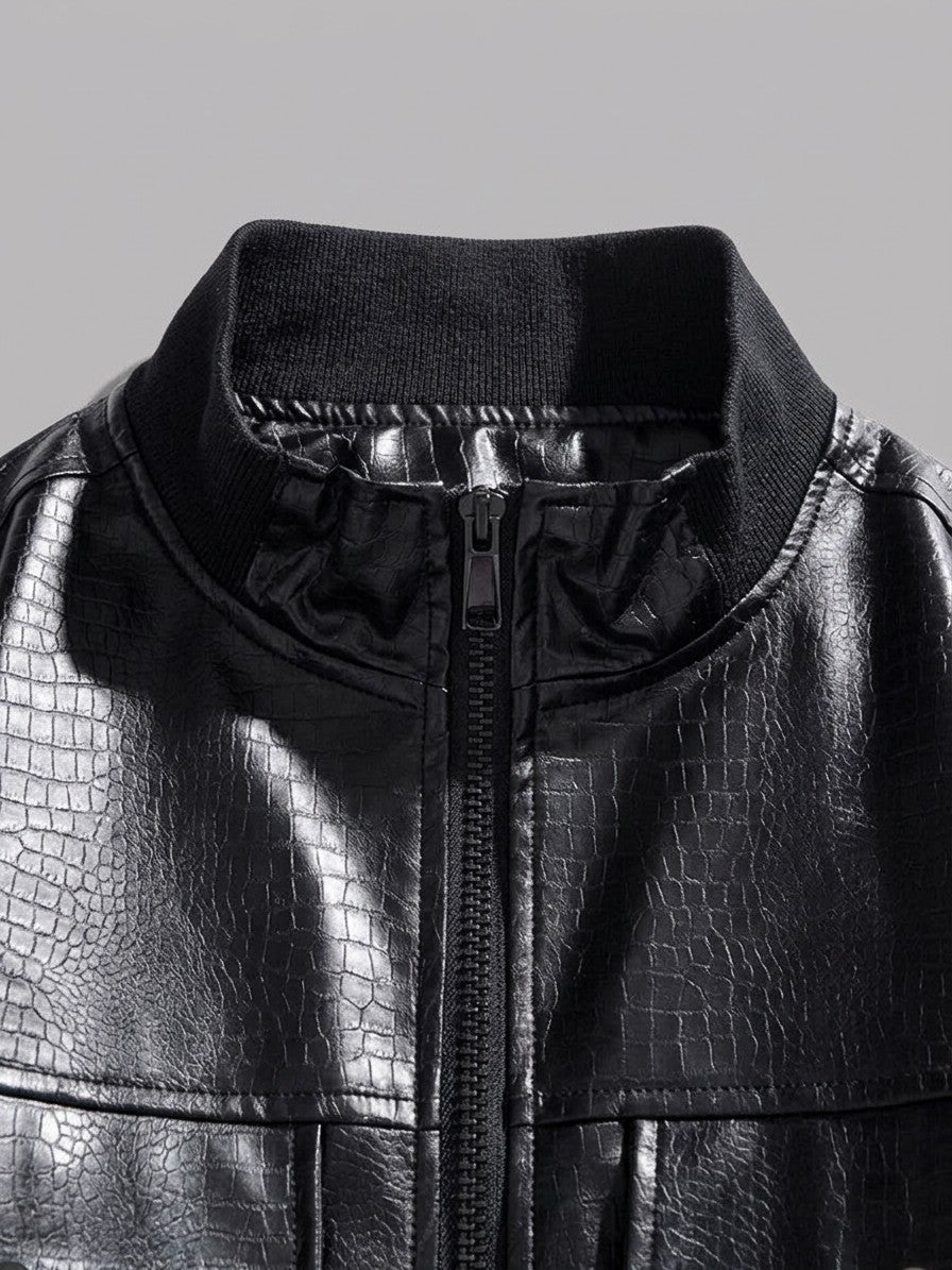 Bitonto Men's Croc-Embossed Faux Leather Bomber — black — detail-2