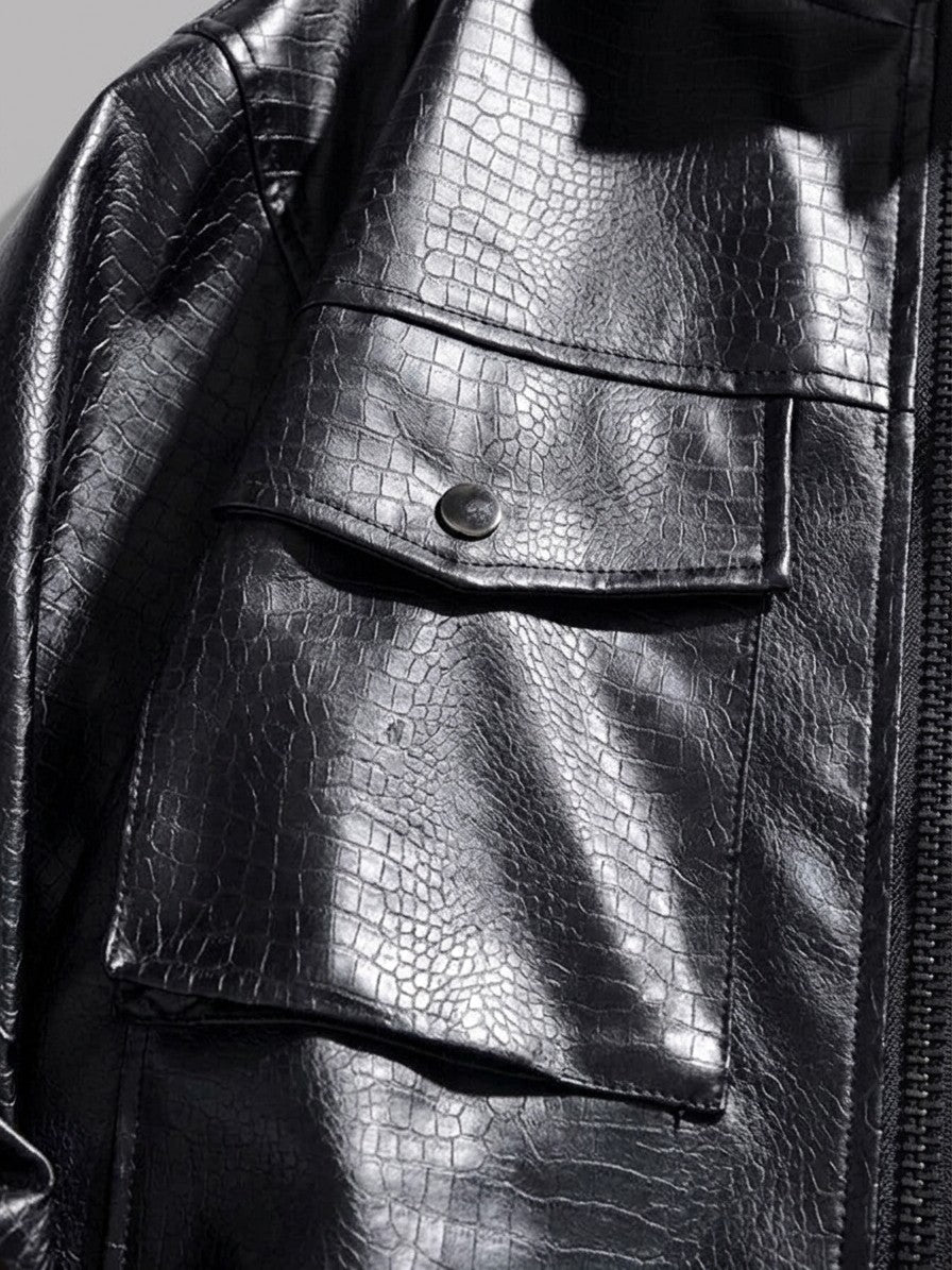 Bitonto Men's Croc-Embossed Faux Leather Bomber — black — detail-collar