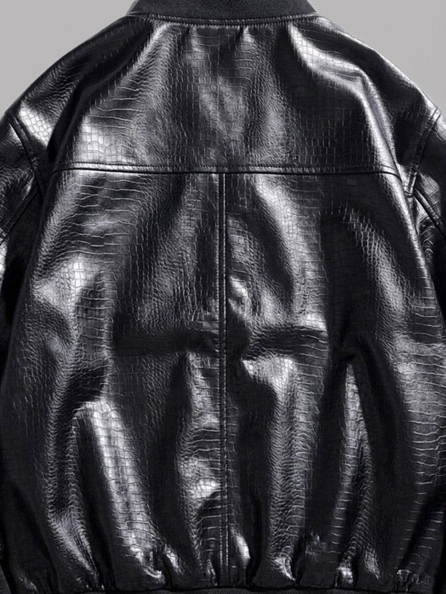 Bitonto Men's Croc-Embossed Faux Leather Bomber — black — detail