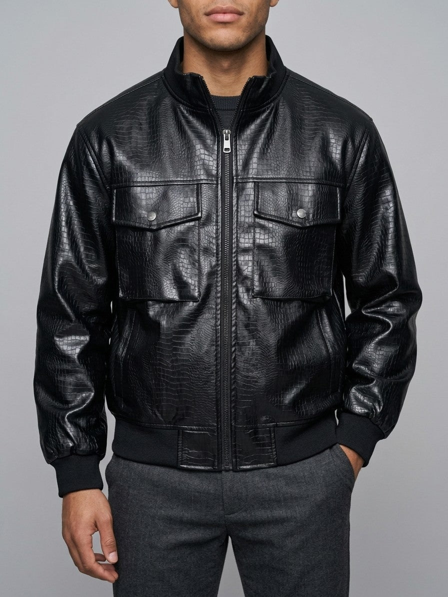Bitonto Men's Croc-Embossed Faux Leather Bomber — black — front