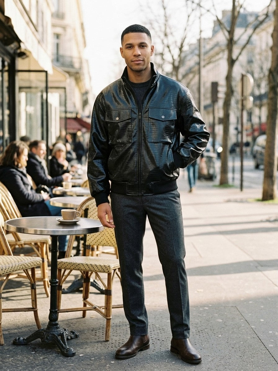 Bitonto Men's Croc-Embossed Faux Leather Bomber — black — lifestyle