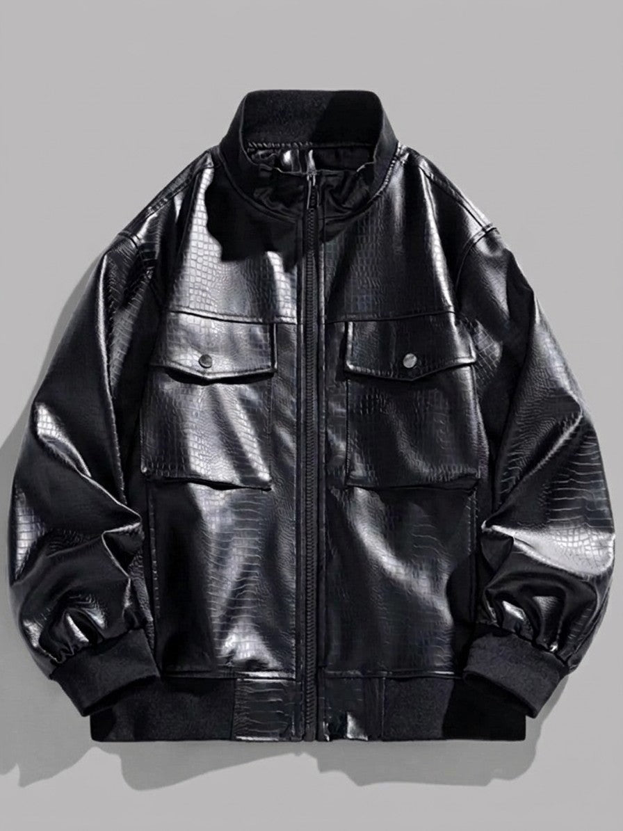 Bitonto Men's Croc-Embossed Faux Leather Bomber — black — packshot