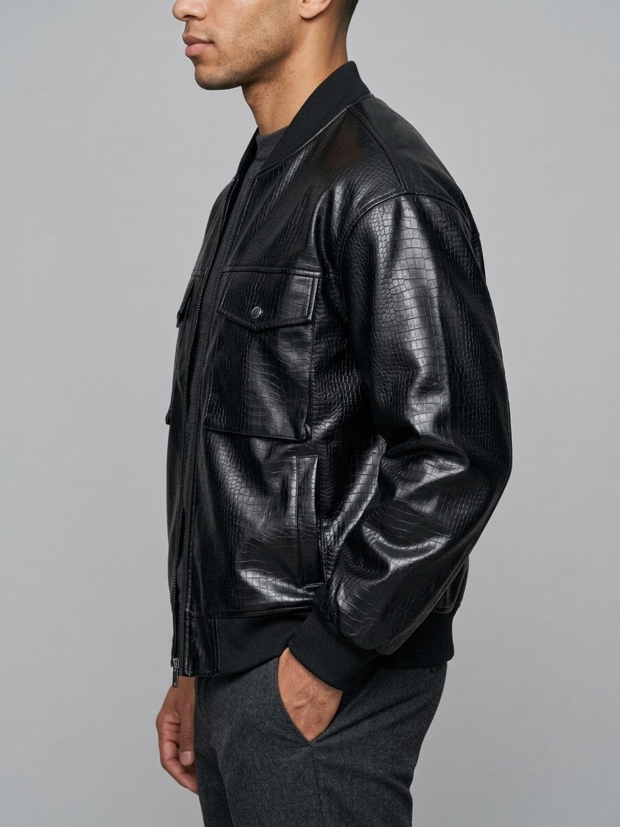 Bitonto Men's Croc-Embossed Faux Leather Bomber — black — side
