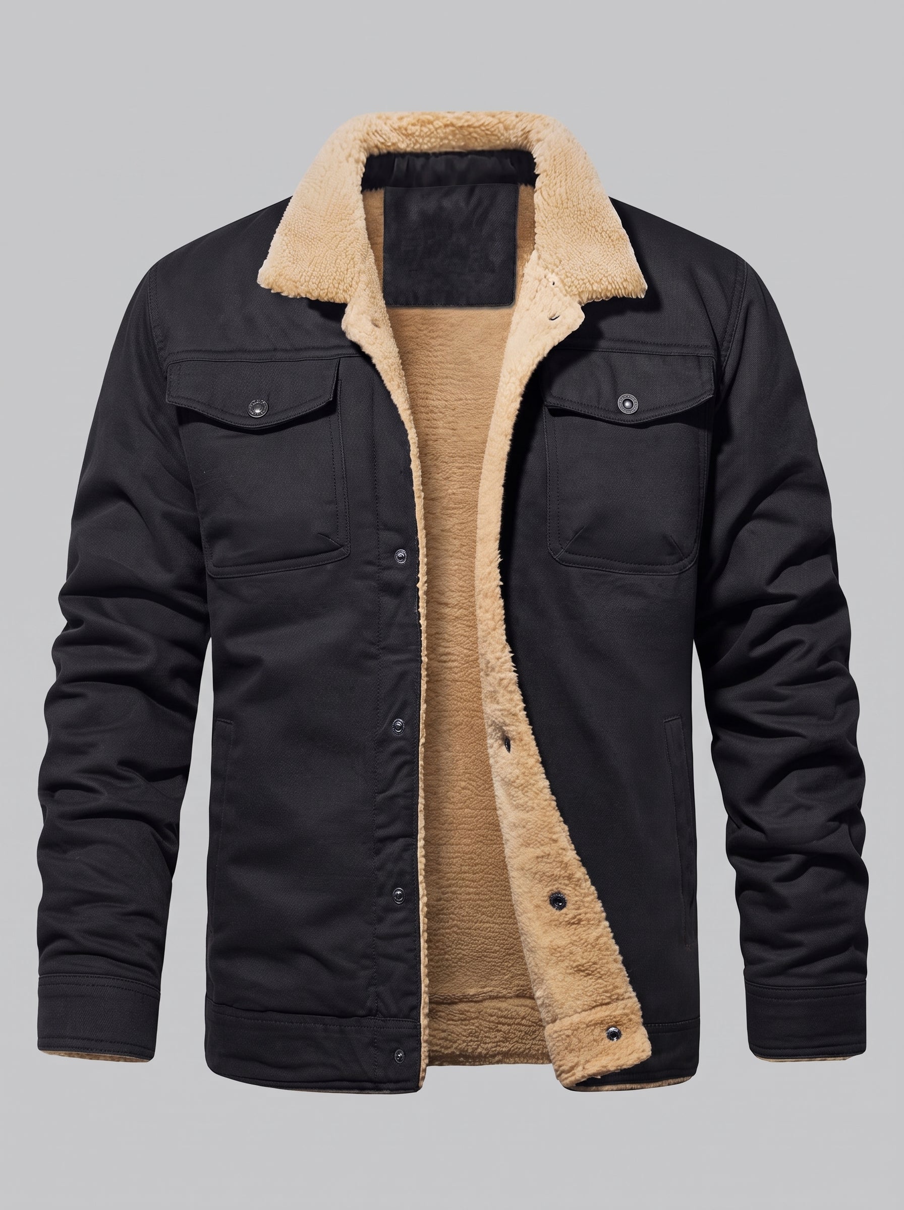 A men's black jacket with a beige sherpa fleece collar and lining, shown on a solid gray background.