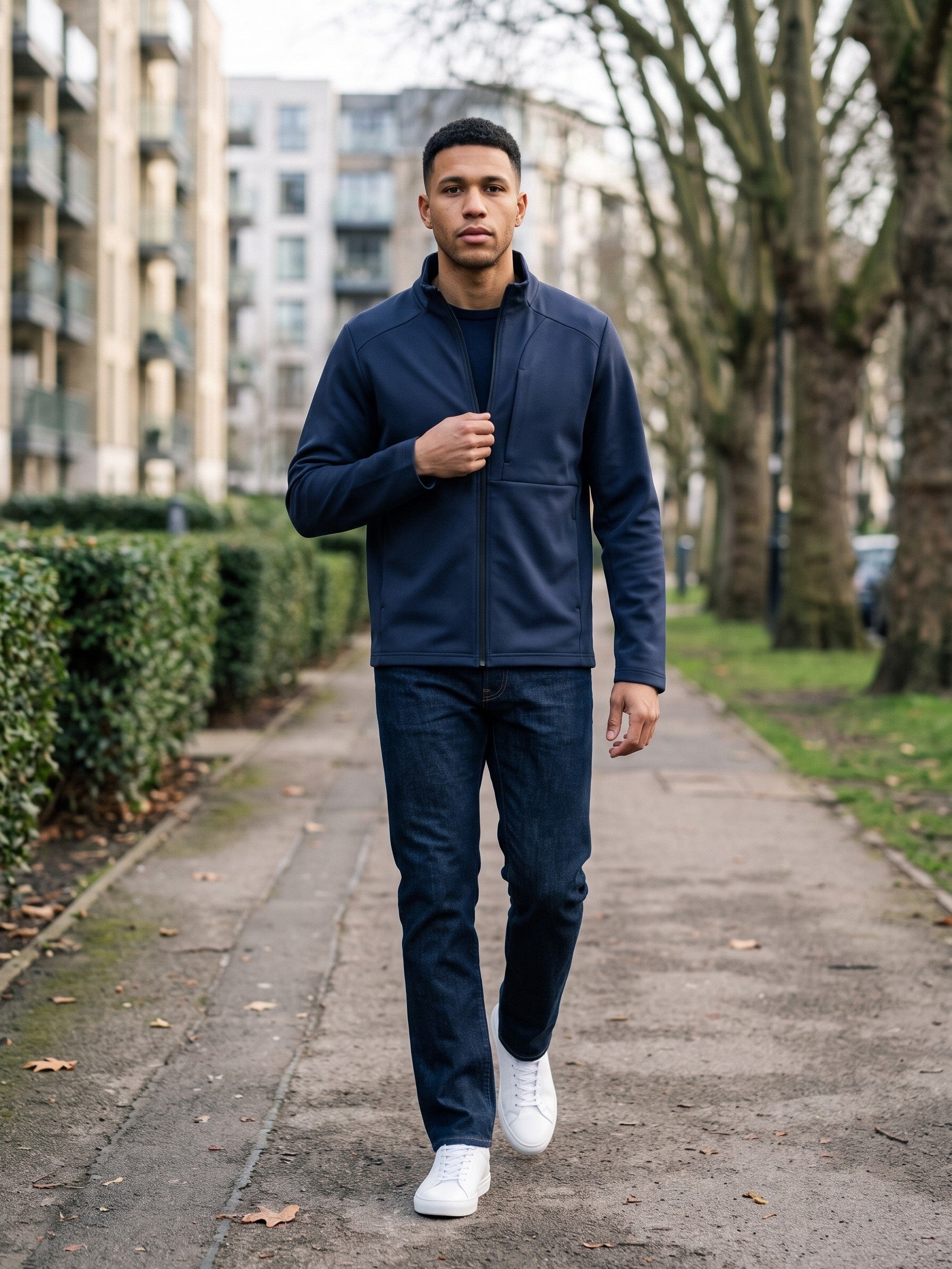 Blevio Men's Stand-Collar Zip Softshell Jacket — navy — lifestyle