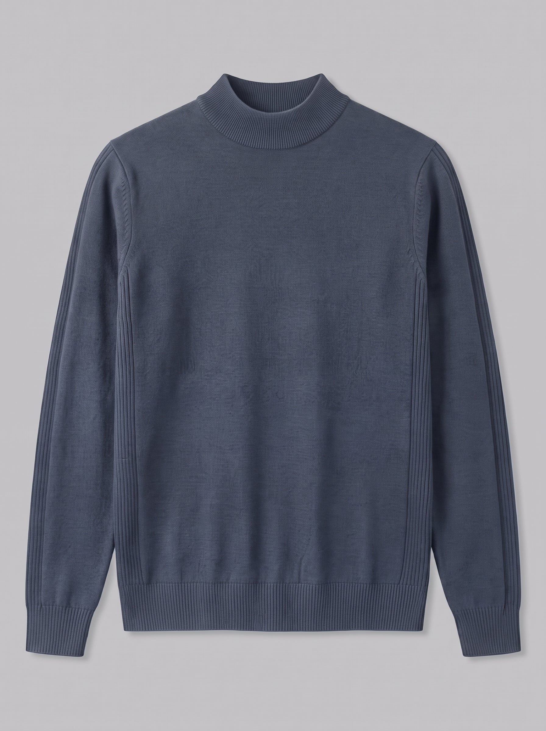 A slate blue knit mock neck sweater with ribbed cuffs and hem, displayed flat against a neutral gray background.