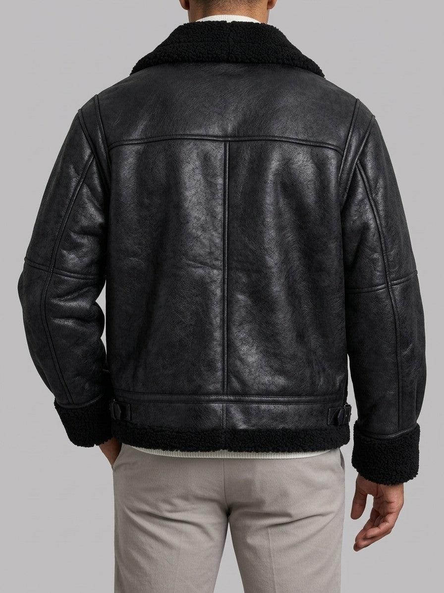 Bojano Men's Buckle-Collar Shearling Aviator Jacket — black — back