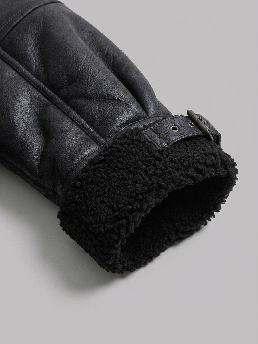 Bojano Men's Buckle-Collar Shearling Aviator Jacket — black — detail-collar