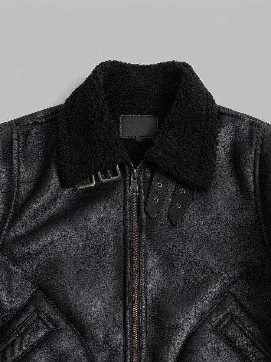 Bojano Men's Buckle-Collar Shearling Aviator Jacket — black — detail