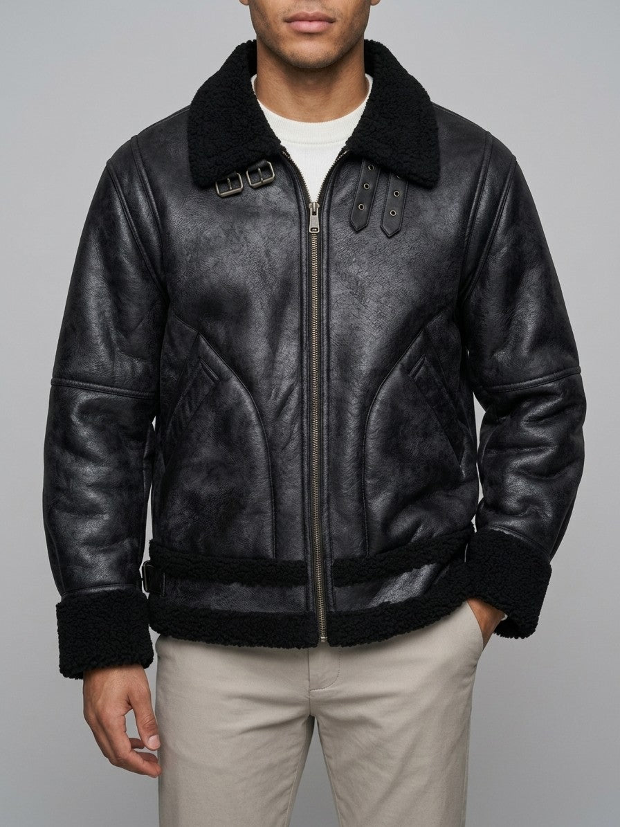Bojano Men's Buckle-Collar Shearling Aviator Jacket — black — front