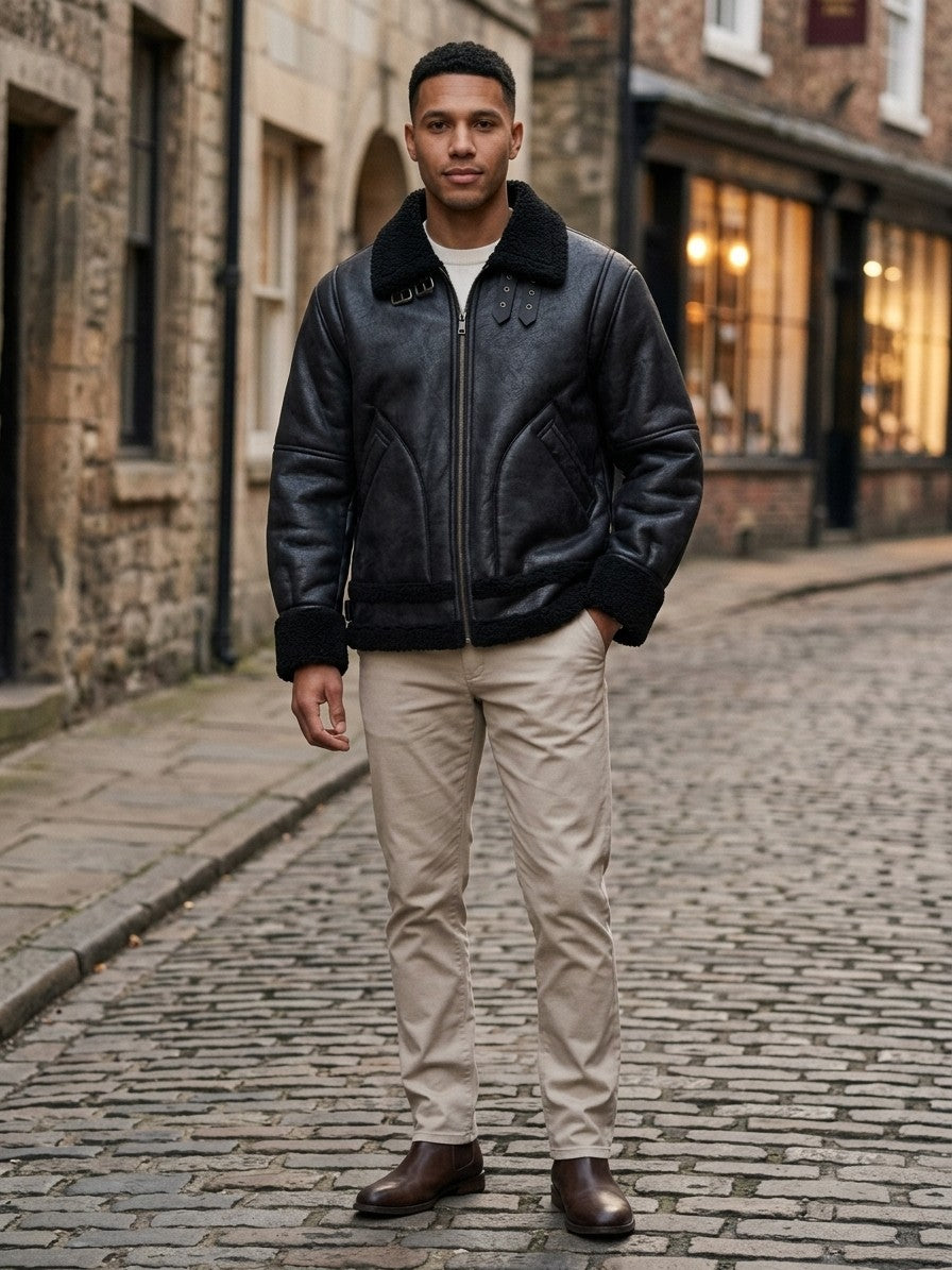 Bojano Men's Buckle-Collar Shearling Aviator Jacket — black — lifestyle