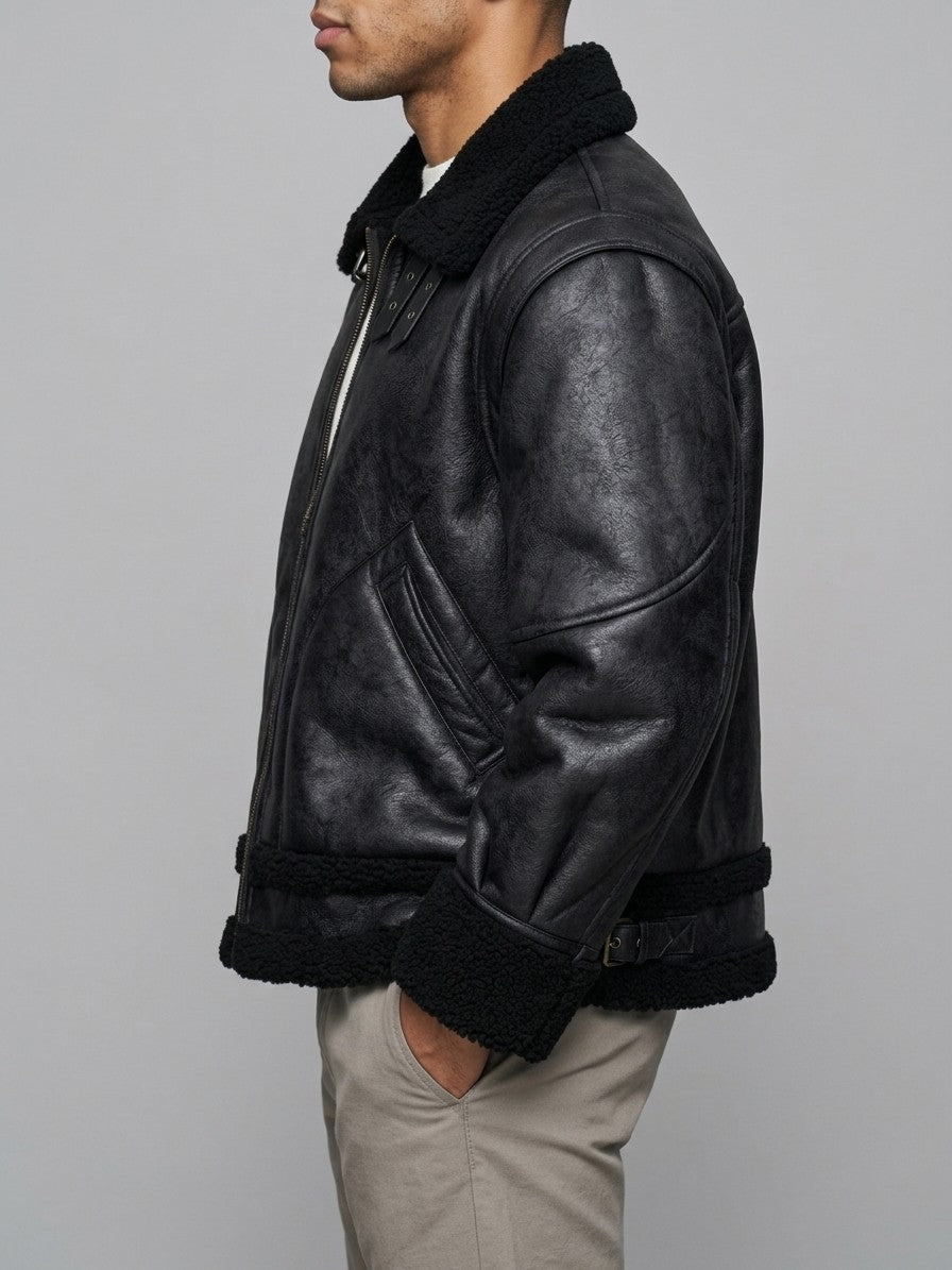 Bojano Men's Buckle-Collar Shearling Aviator Jacket — black — side