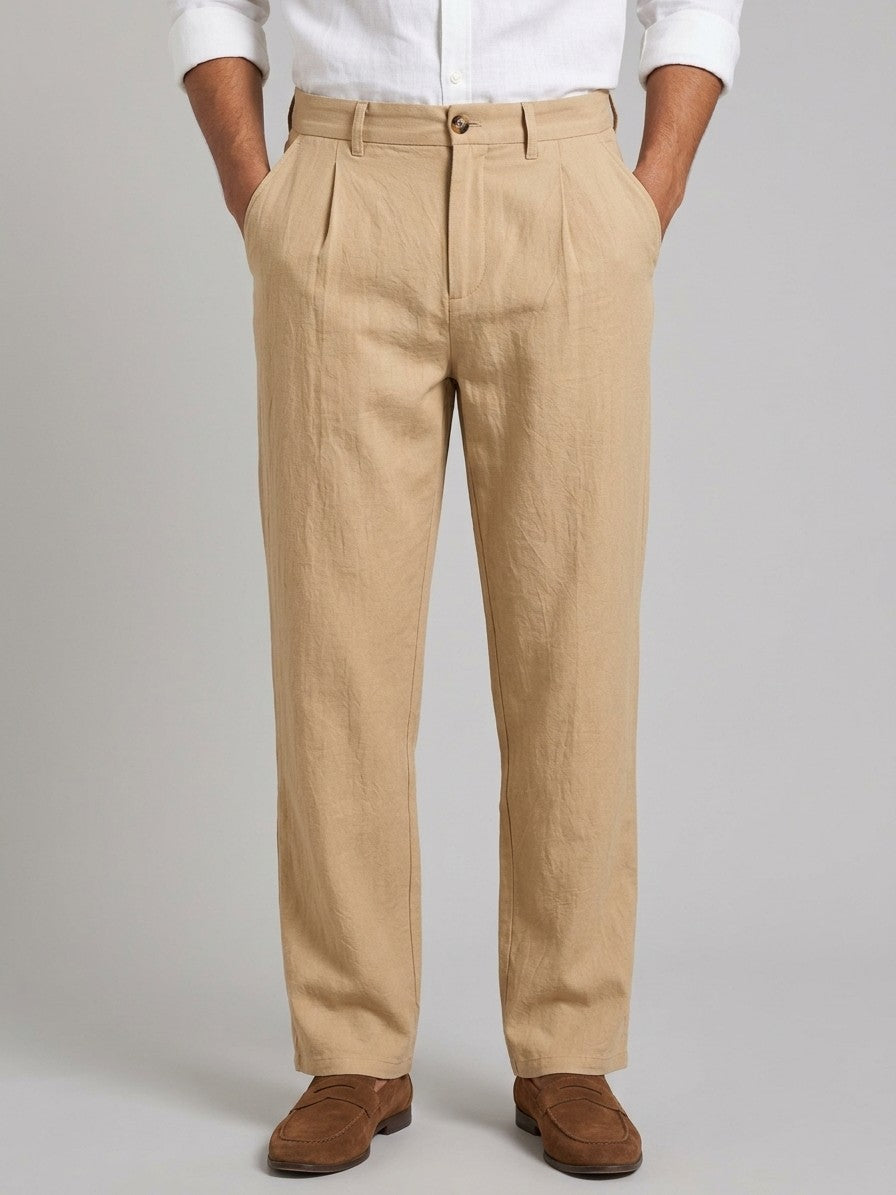 Bologna Men's Relaxed-Fit Pleated Trousers — khaki — front