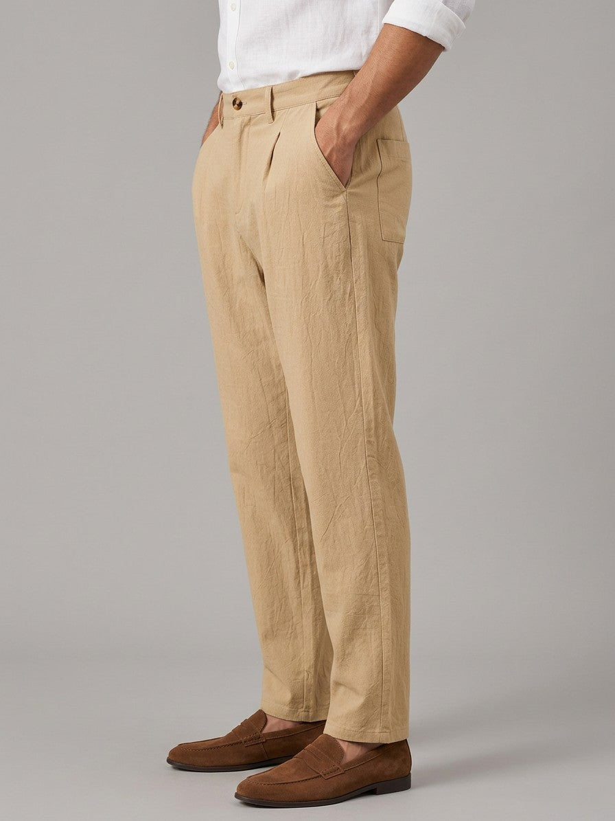 Bologna Men's Relaxed-Fit Pleated Trousers — khaki — side