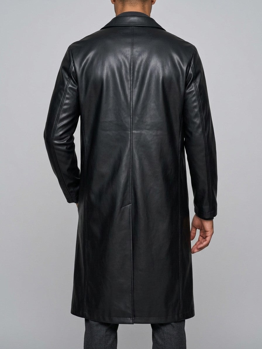 Bolsena Men's Longline Faux Leather Overcoat — black — back