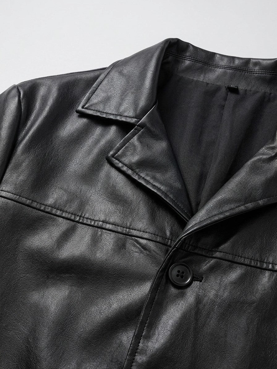Bolsena Men's Longline Faux Leather Overcoat — black — detail-2