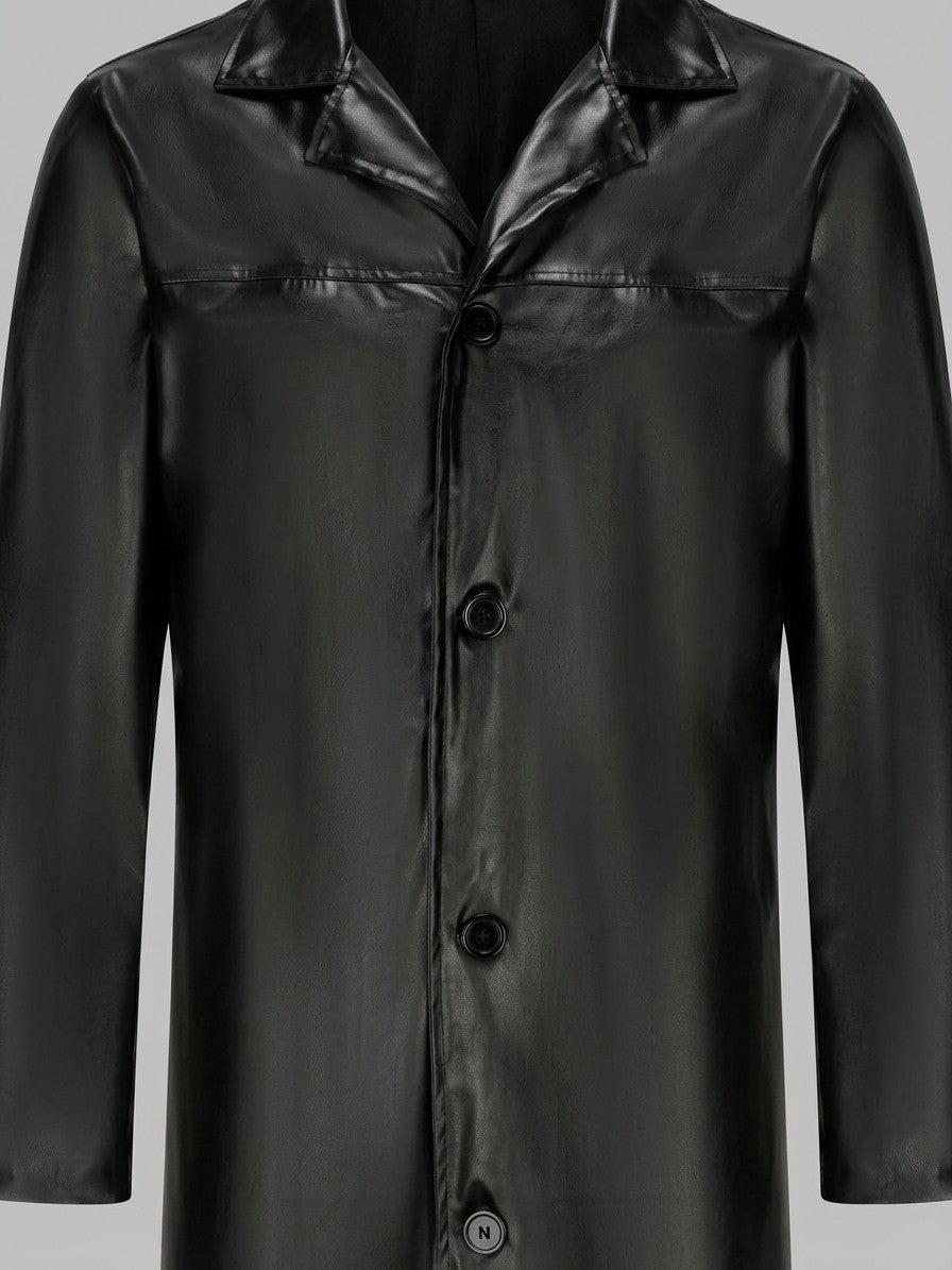 Bolsena Men's Longline Faux Leather Overcoat — black — detail-collar