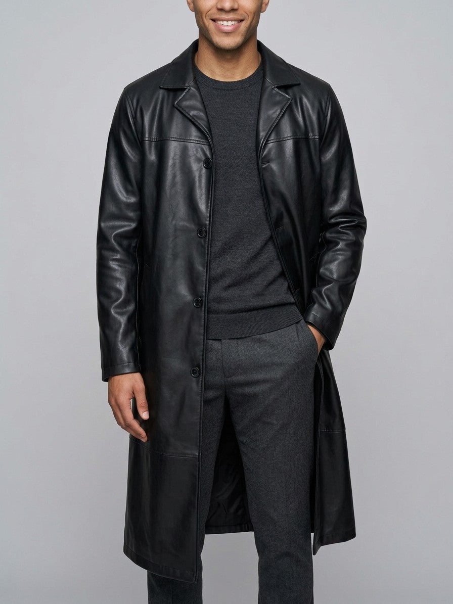 Bolsena Men's Longline Faux Leather Overcoat — black — front